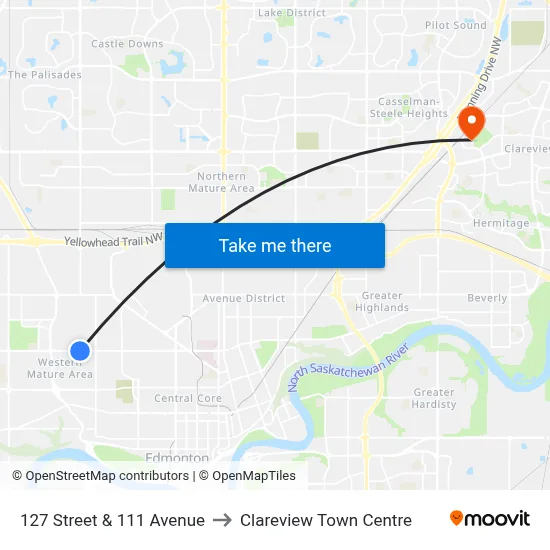 127 Street & 111 Avenue to Clareview Town Centre map