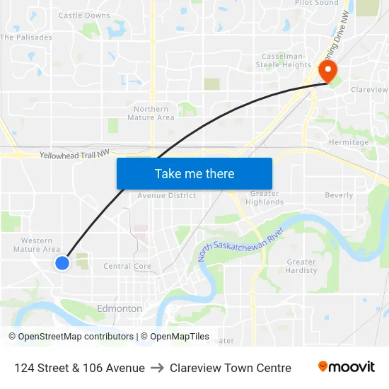 124 Street & 106 Avenue to Clareview Town Centre map