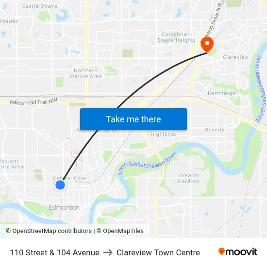 110 Street & 104 Avenue to Clareview Town Centre map