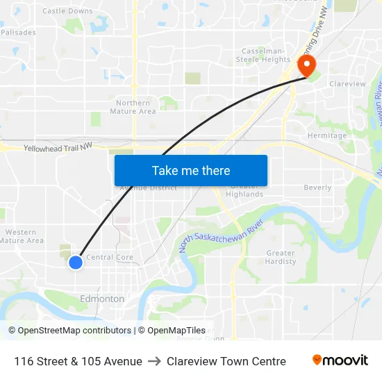 116 Street & 105 Avenue to Clareview Town Centre map