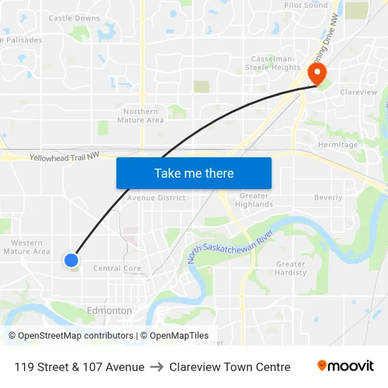 119 Street & 107 Avenue to Clareview Town Centre map