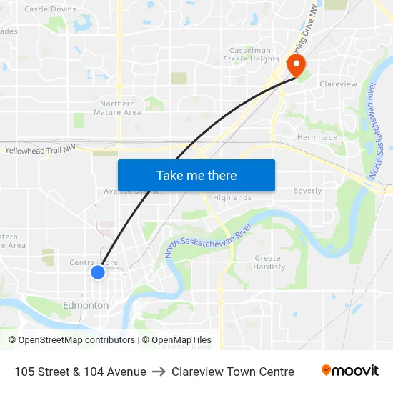 105 Street & 104 Avenue to Clareview Town Centre map
