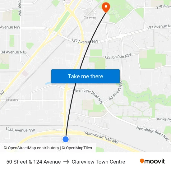 50 Street & 124 Avenue to Clareview Town Centre map