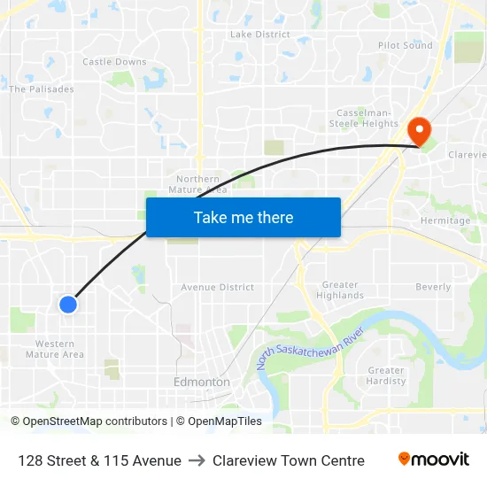 128 Street & 115 Avenue to Clareview Town Centre map