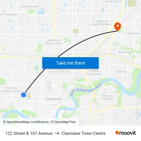 122 Street & 107 Avenue to Clareview Town Centre map