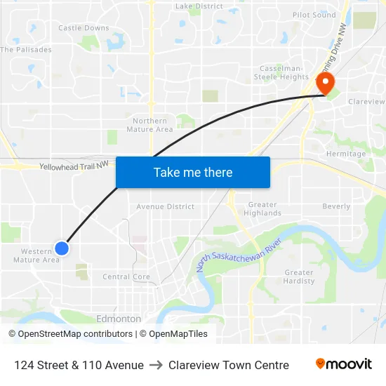 124 Street & 110 Avenue to Clareview Town Centre map