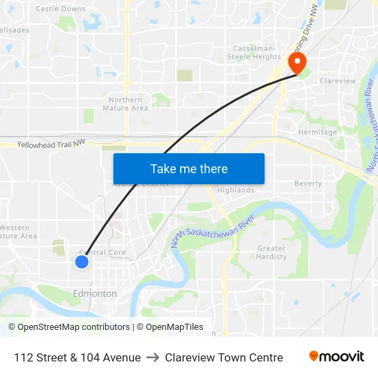 112 Street & 104 Avenue to Clareview Town Centre map