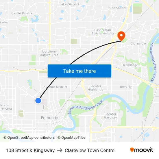 108 Street & Kingsway to Clareview Town Centre map
