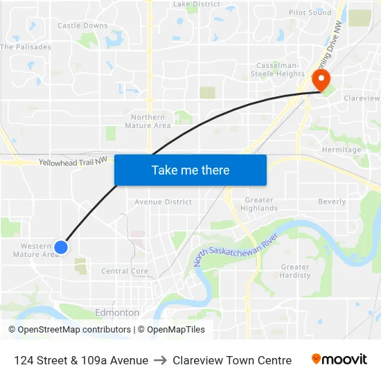 124 Street & 109a Avenue to Clareview Town Centre map