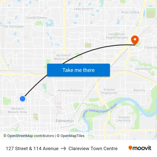 127 Street & 114 Avenue to Clareview Town Centre map