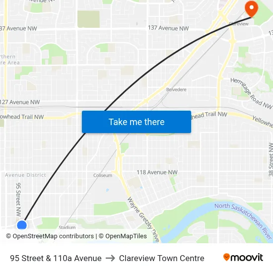 95 Street & 110a Avenue to Clareview Town Centre map