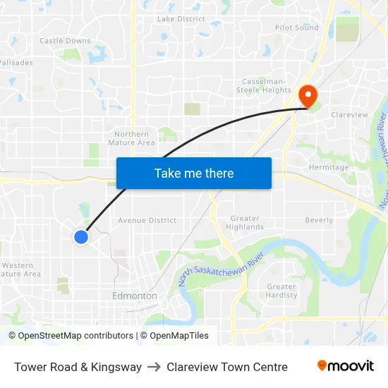 Tower Road & Kingsway to Clareview Town Centre map