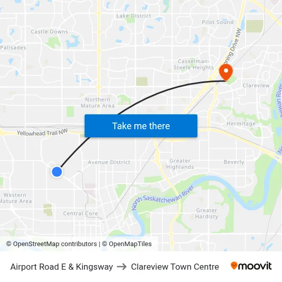 Airport Road E & Kingsway to Clareview Town Centre map