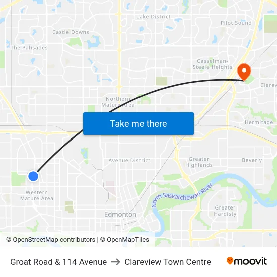 Groat Road & 114 Avenue to Clareview Town Centre map