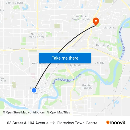 103 Street & 104 Avenue to Clareview Town Centre map