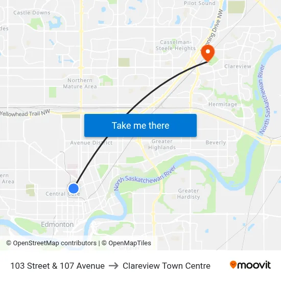 103 Street & 107 Avenue to Clareview Town Centre map