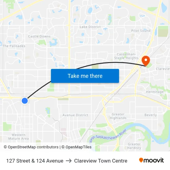 127 Street & 124 Avenue to Clareview Town Centre map