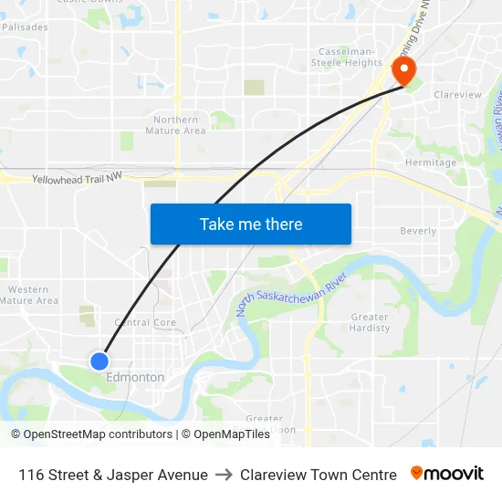 116 Street & Jasper Avenue to Clareview Town Centre map