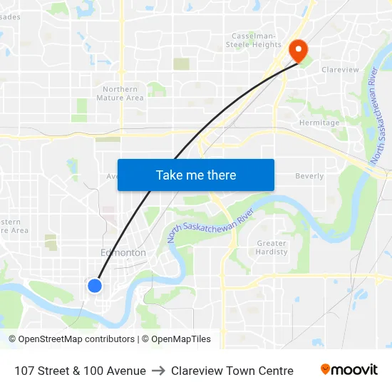 107 Street & 100 Avenue to Clareview Town Centre map