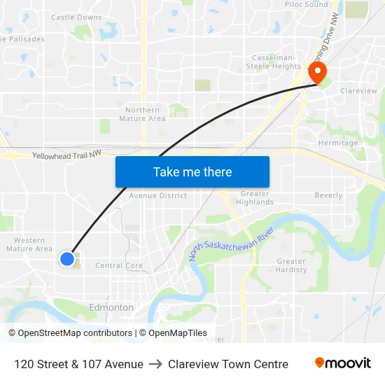 120 Street & 107 Avenue to Clareview Town Centre map