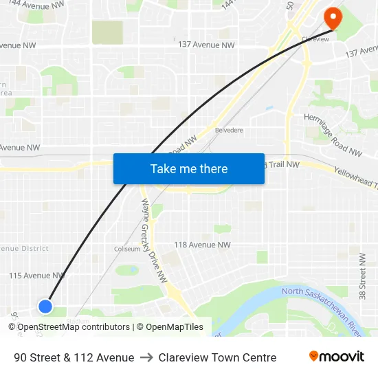 90 Street & 112 Avenue to Clareview Town Centre map