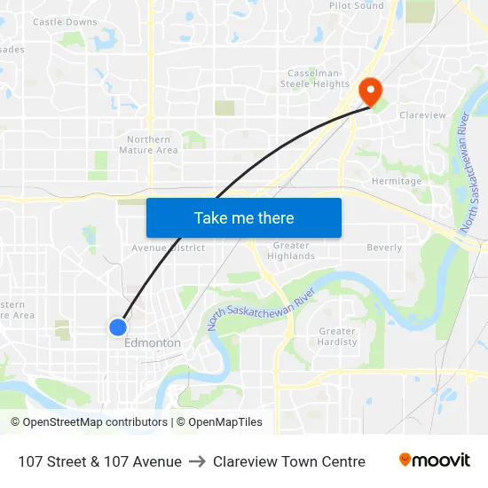 107 Street & 107 Avenue to Clareview Town Centre map