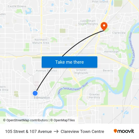 105 Street & 107 Avenue to Clareview Town Centre map