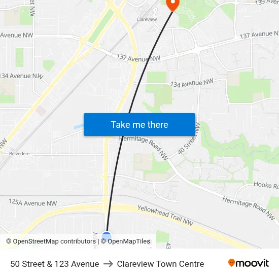 50 Street & 123 Avenue to Clareview Town Centre map