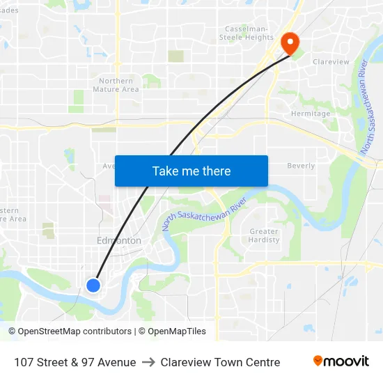 107 Street & 97 Avenue to Clareview Town Centre map