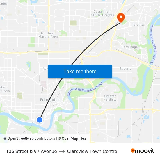106 Street & 97 Avenue to Clareview Town Centre map
