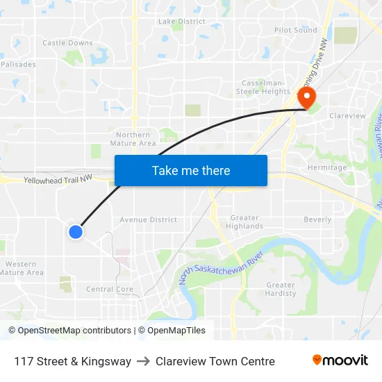 117 Street & Kingsway to Clareview Town Centre map
