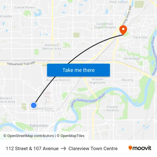 112 Street & 107 Avenue to Clareview Town Centre map