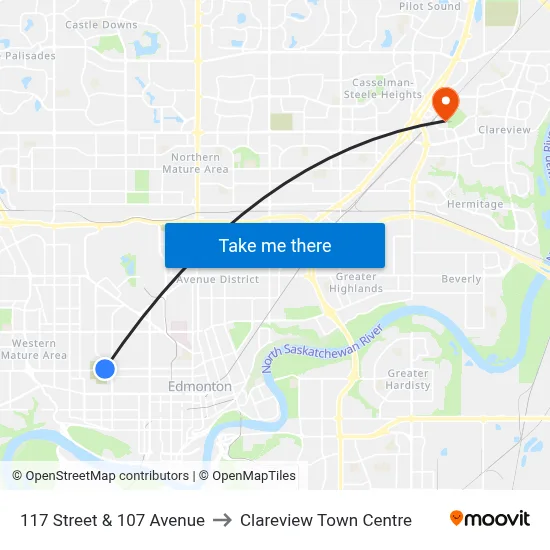 117 Street & 107 Avenue to Clareview Town Centre map