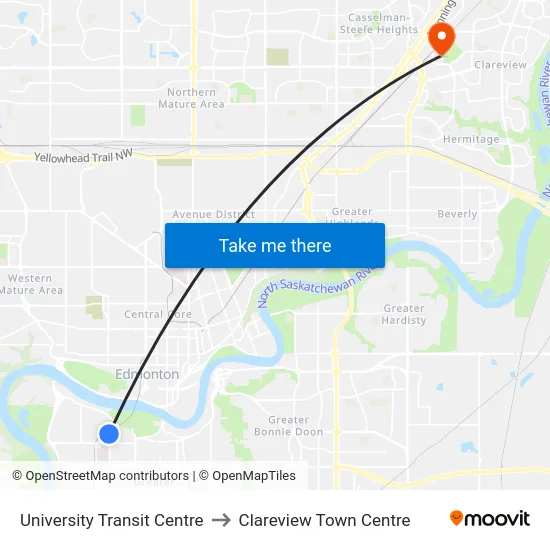 University Transit Centre to Clareview Town Centre map