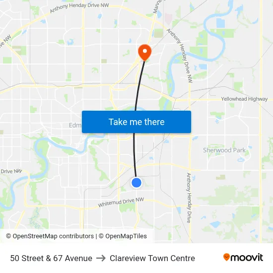 50 Street & 67 Avenue to Clareview Town Centre map