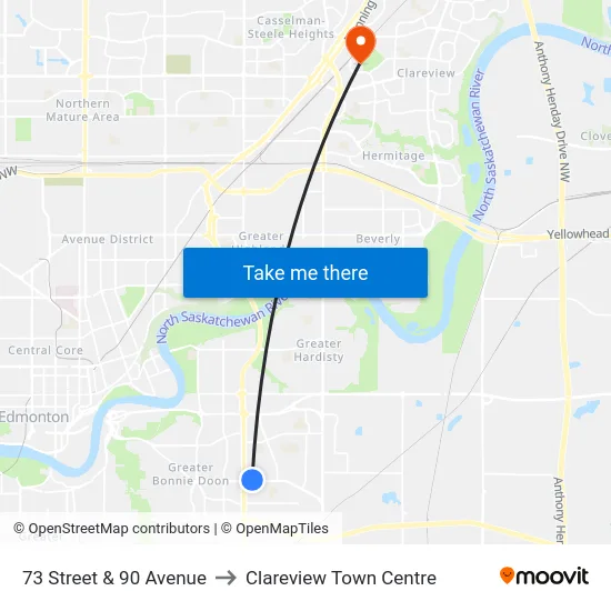 73 Street & 90 Avenue to Clareview Town Centre map
