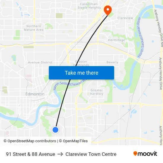 91 Street & 88 Avenue to Clareview Town Centre map
