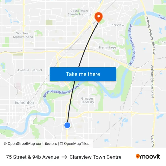 75 Street & 94b Avenue to Clareview Town Centre map
