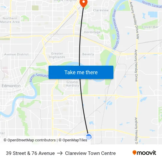 39 Street & 76 Avenue to Clareview Town Centre map