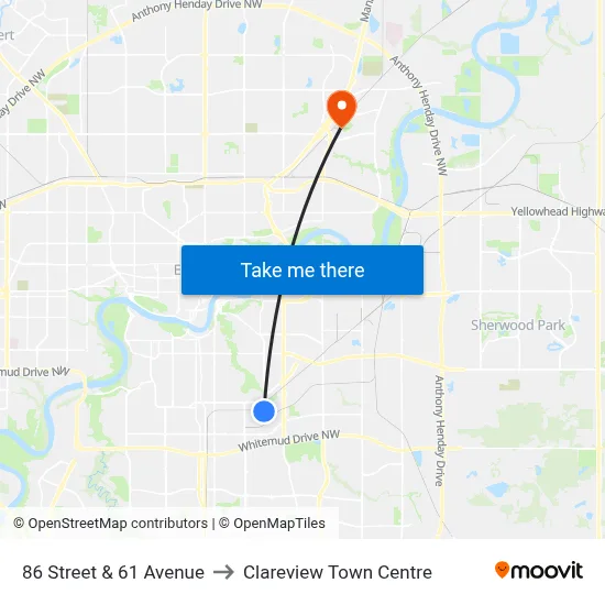86 Street & 61 Avenue to Clareview Town Centre map