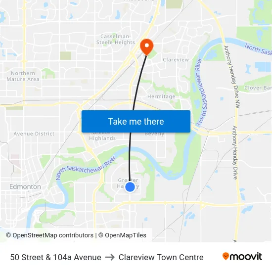 50 Street & 104a Avenue to Clareview Town Centre map