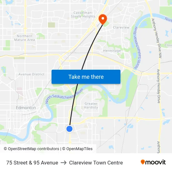 75 Street & 95 Avenue to Clareview Town Centre map
