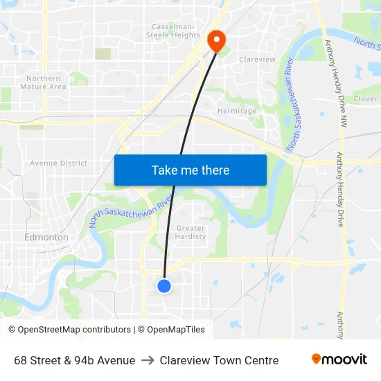 68 Street & 94b Avenue to Clareview Town Centre map
