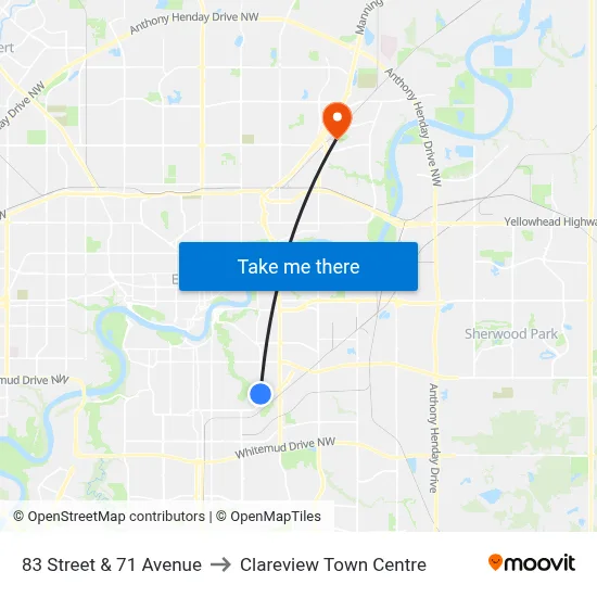 83 Street & 71 Avenue to Clareview Town Centre map