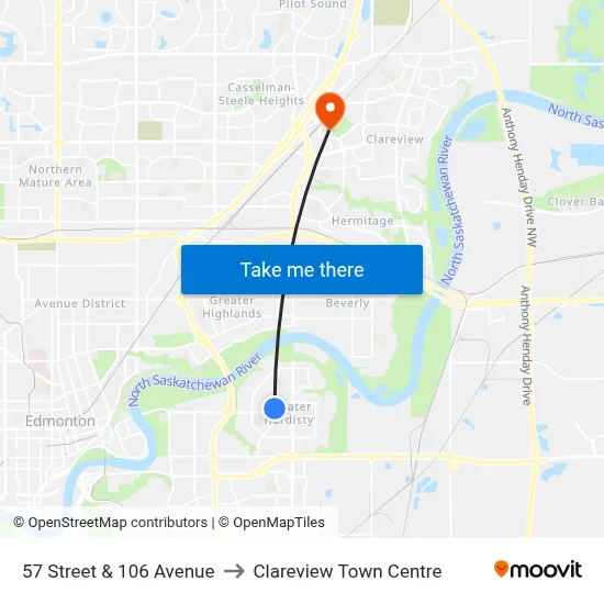 57 Street & 106 Avenue to Clareview Town Centre map
