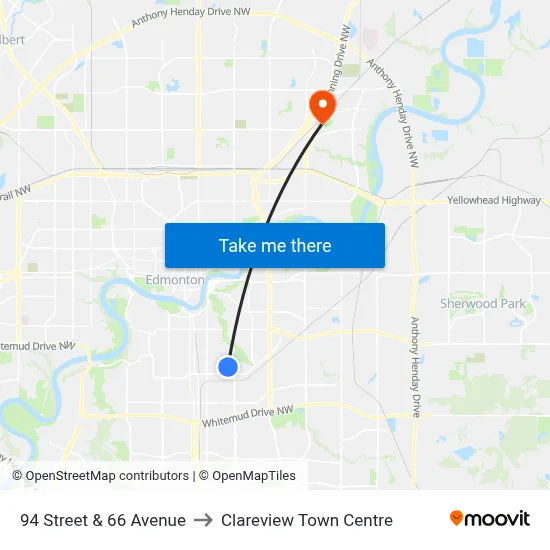 94 Street & 66 Avenue to Clareview Town Centre map