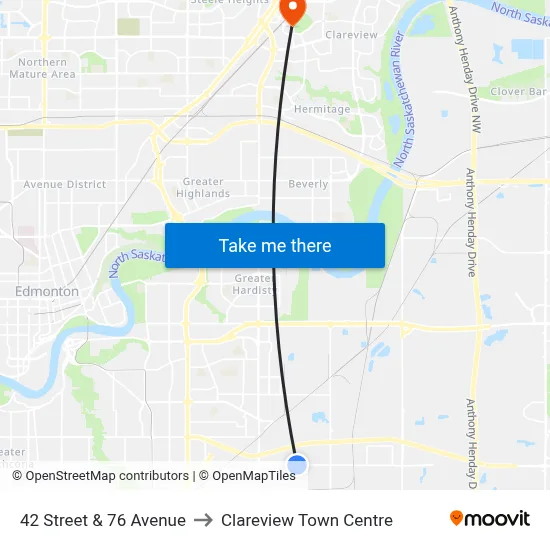 42 Street & 76 Avenue to Clareview Town Centre map