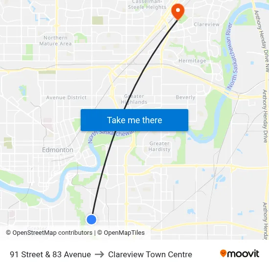 91 Street & 83 Avenue to Clareview Town Centre map
