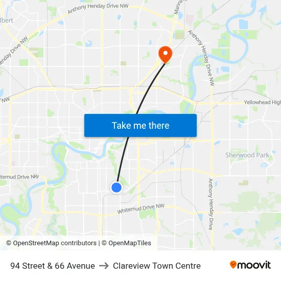 94 Street & 66 Avenue to Clareview Town Centre map
