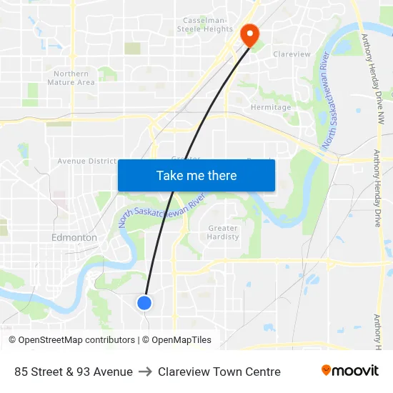 85 Street & 93 Avenue to Clareview Town Centre map